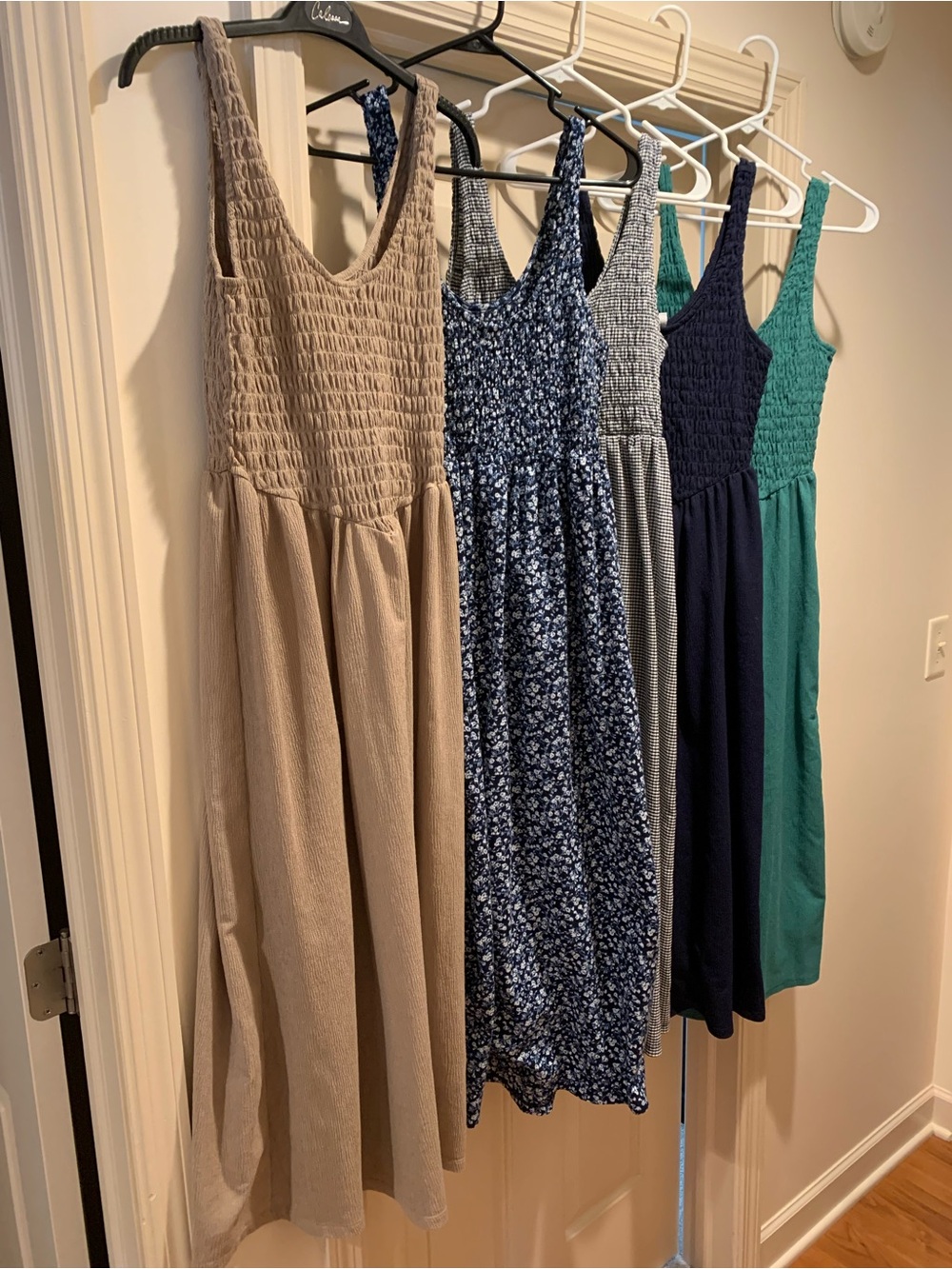 Old Navy, Fit and Flare Midi Dress BUNDLE in Beige, Floral, Checkered, Navy, Gre